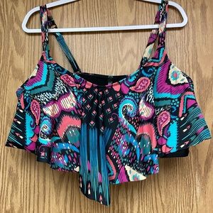 V-flounce multi ikat bikini top. Padded lining, comfortable and durable material